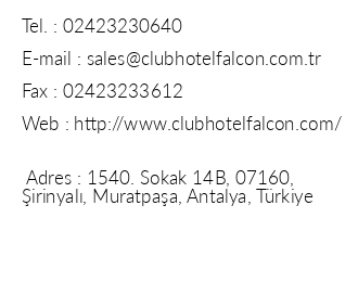 Club Hotel Falcon iletiim bilgileri